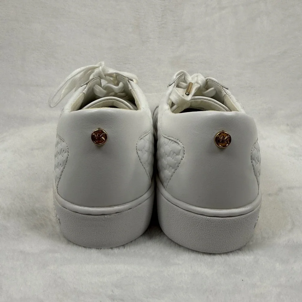 NEW Michael Kors Keaton White Leather Embossed MK Logo Sneakers Gold Hardware 7M